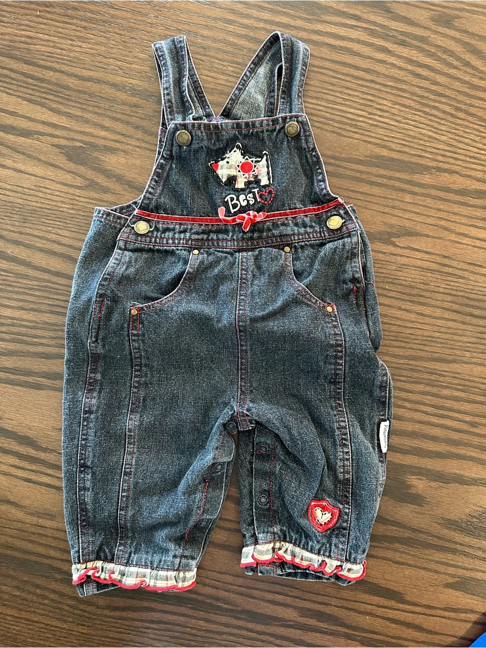 Y2K Vintage Denim Baby Overalls with Red Trim and Dog Patch